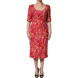 Red Paisley Floral Print Sheath Midi Dress