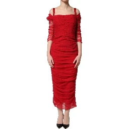 Red Cotton Ruched Stretch Tulle Midi Dress