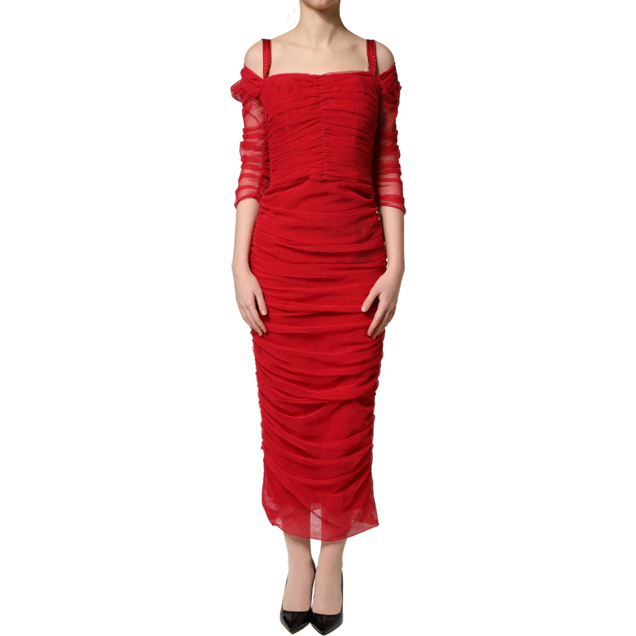 Red Cotton Ruched Stretch Tulle Midi Dress