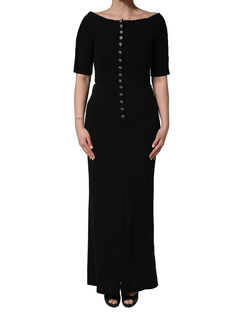 Black Silk Button Bodice Sheath Maxi Dress
