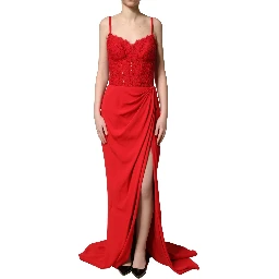 Red Corset Lace Bodice Draped Long Gown Dress