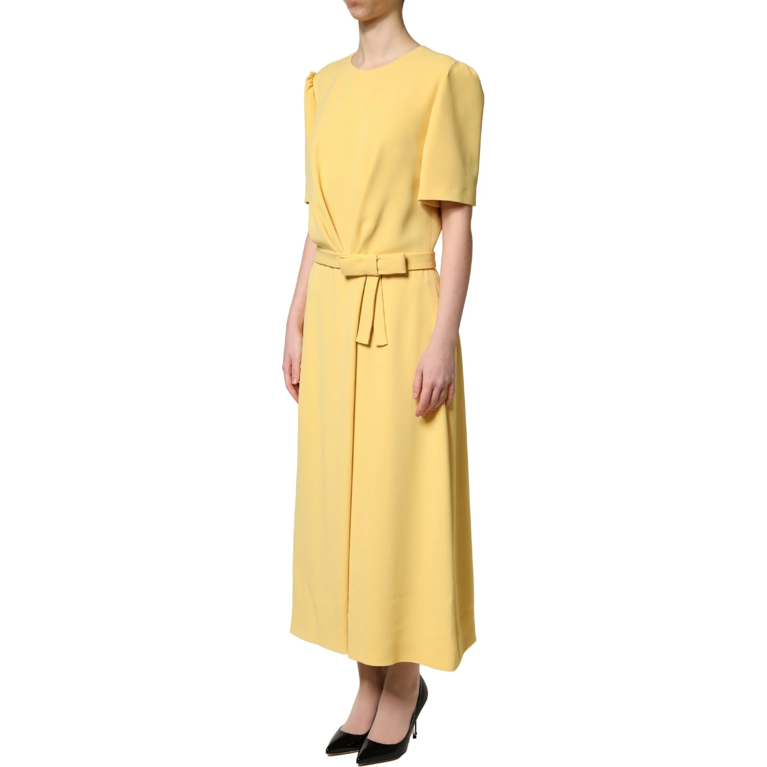 Yellow Short-Sleeved Crew Neck Midi Dress