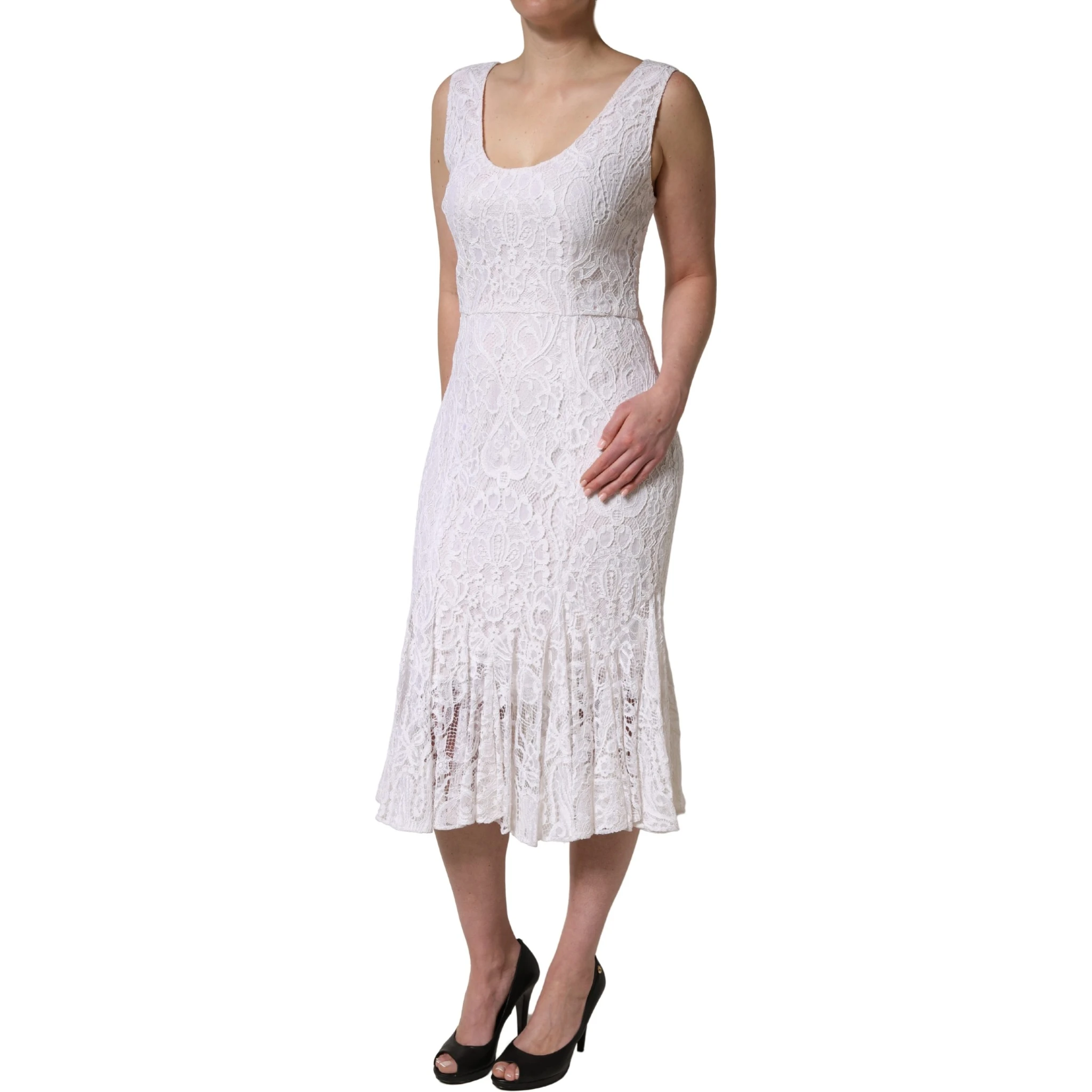 White Floral Lace Sleeveless Midi Dress