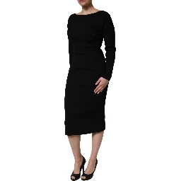 Black Wool Crepe Long Sleeves Midi Dress