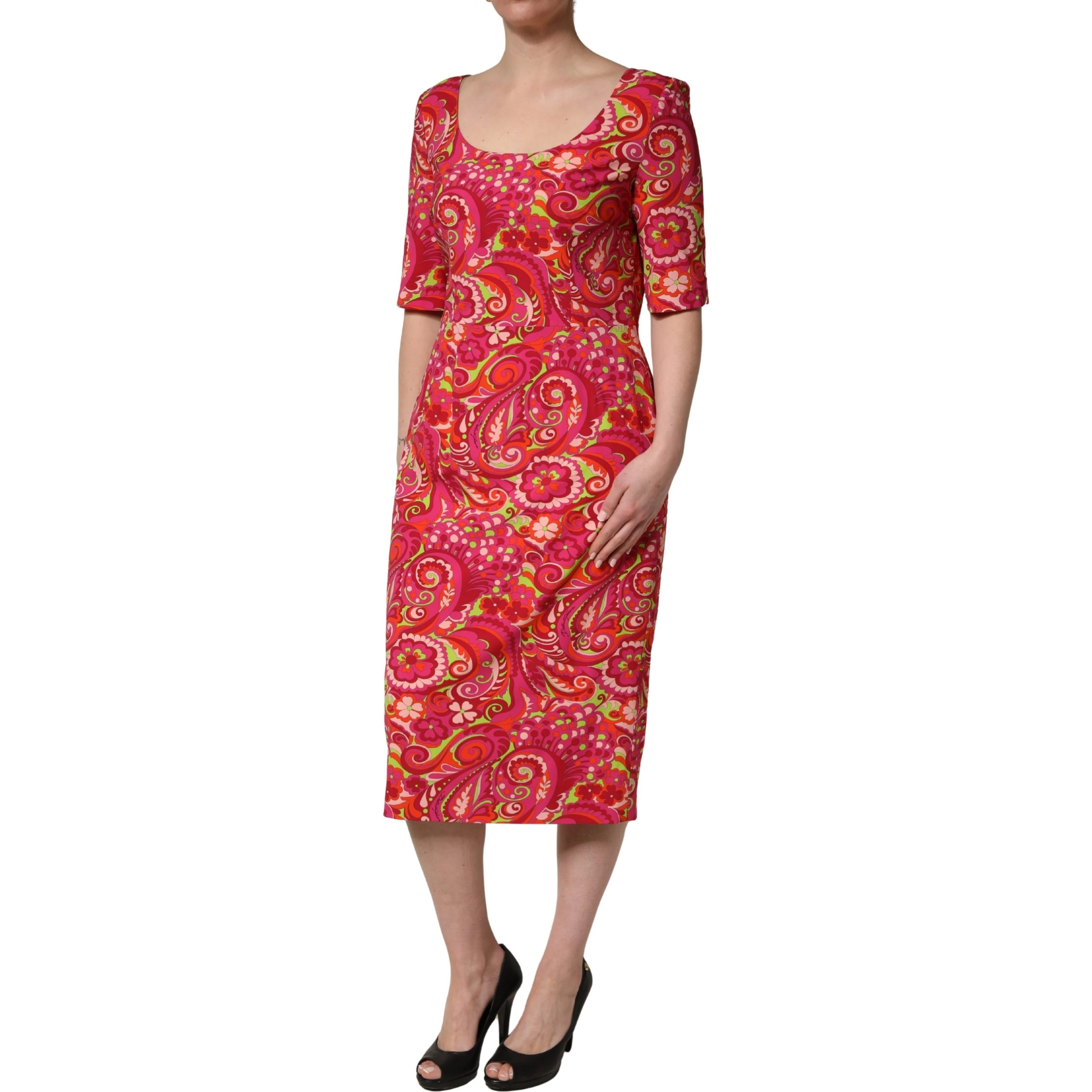 Red Paisley Floral Print Sheath Midi Dress
