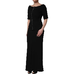 Black Silk Button Bodice Sheath Maxi Dress