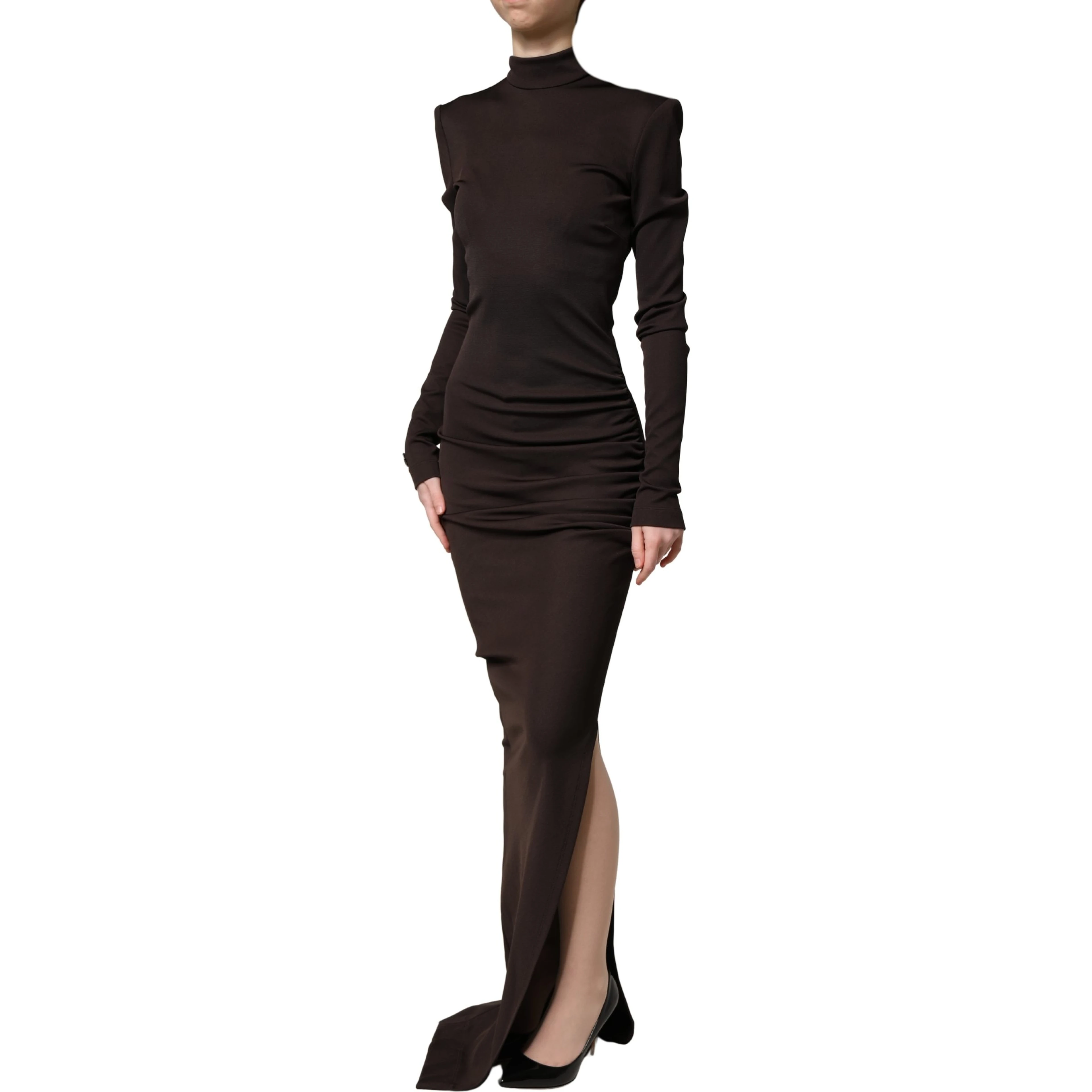 Brown Turtleneck Jersey Long Maxi Dress