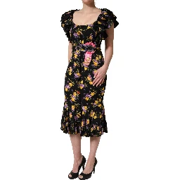 Black Purple Crystal Brooch Silk Midi Dress