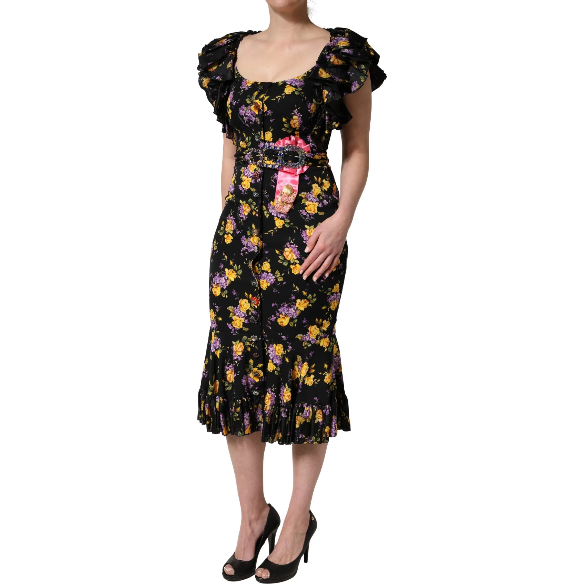 Black Purple Crystal Brooch Silk Midi Dress