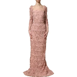 Pink Lace Long-Sleeved Evening Gown Dress