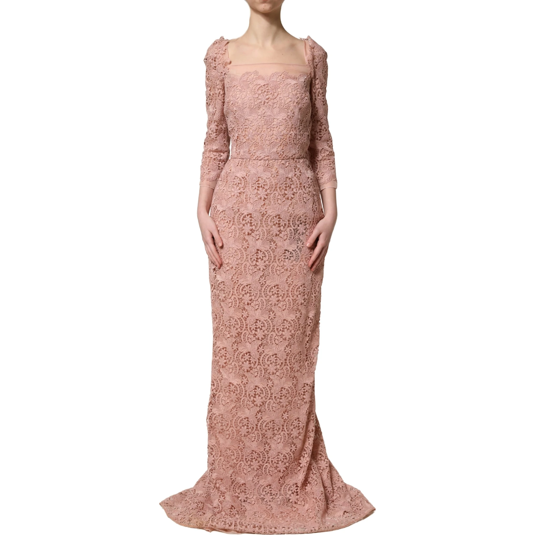 Pink Lace Long-Sleeved Evening Gown Dress
