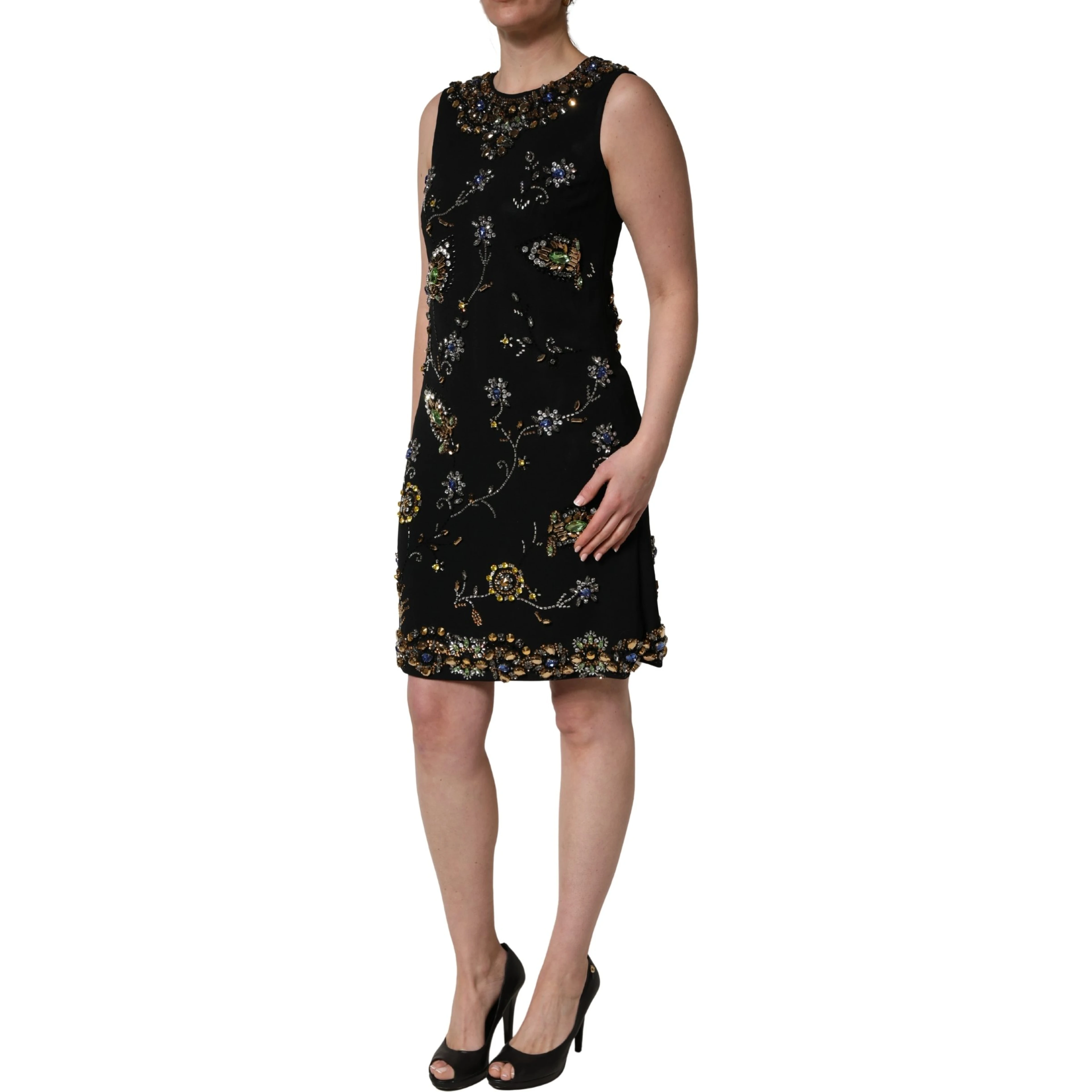 Black Sleeveless Floral Bead Embellishments Dress