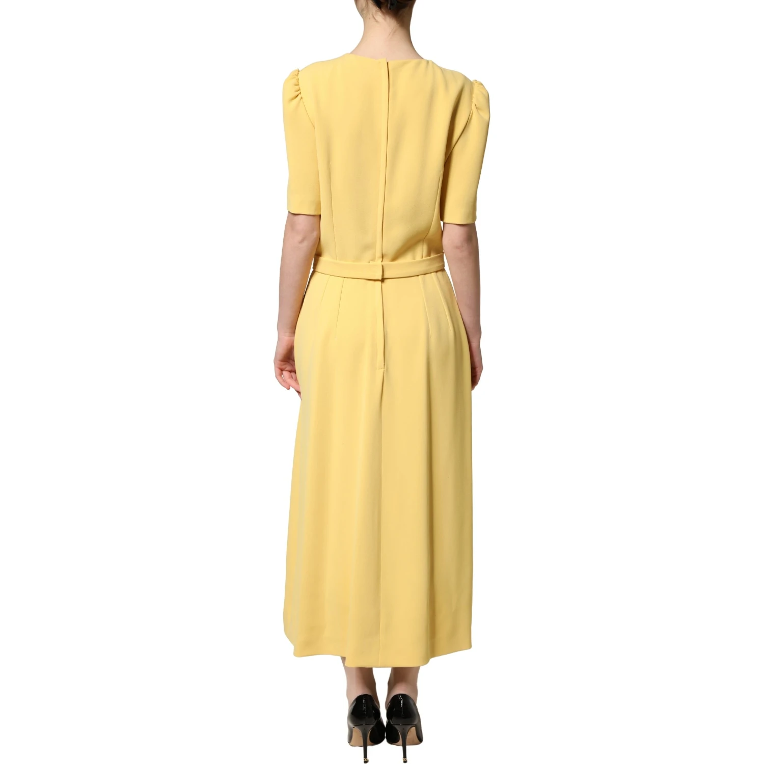 Yellow Short-Sleeved Crew Neck Midi Dress
