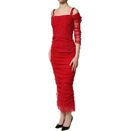 Red Cotton Ruched Stretch Tulle Midi Dress