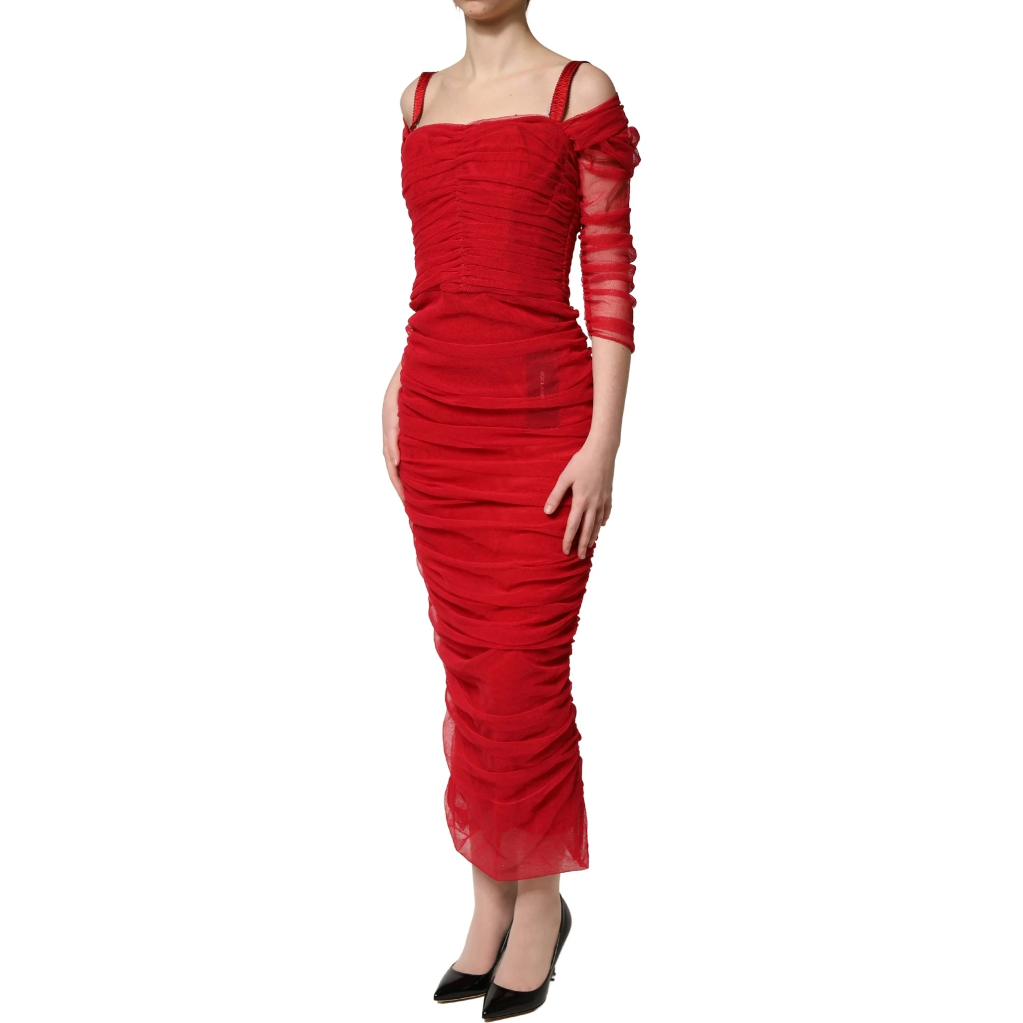Red Cotton Ruched Stretch Tulle Midi Dress