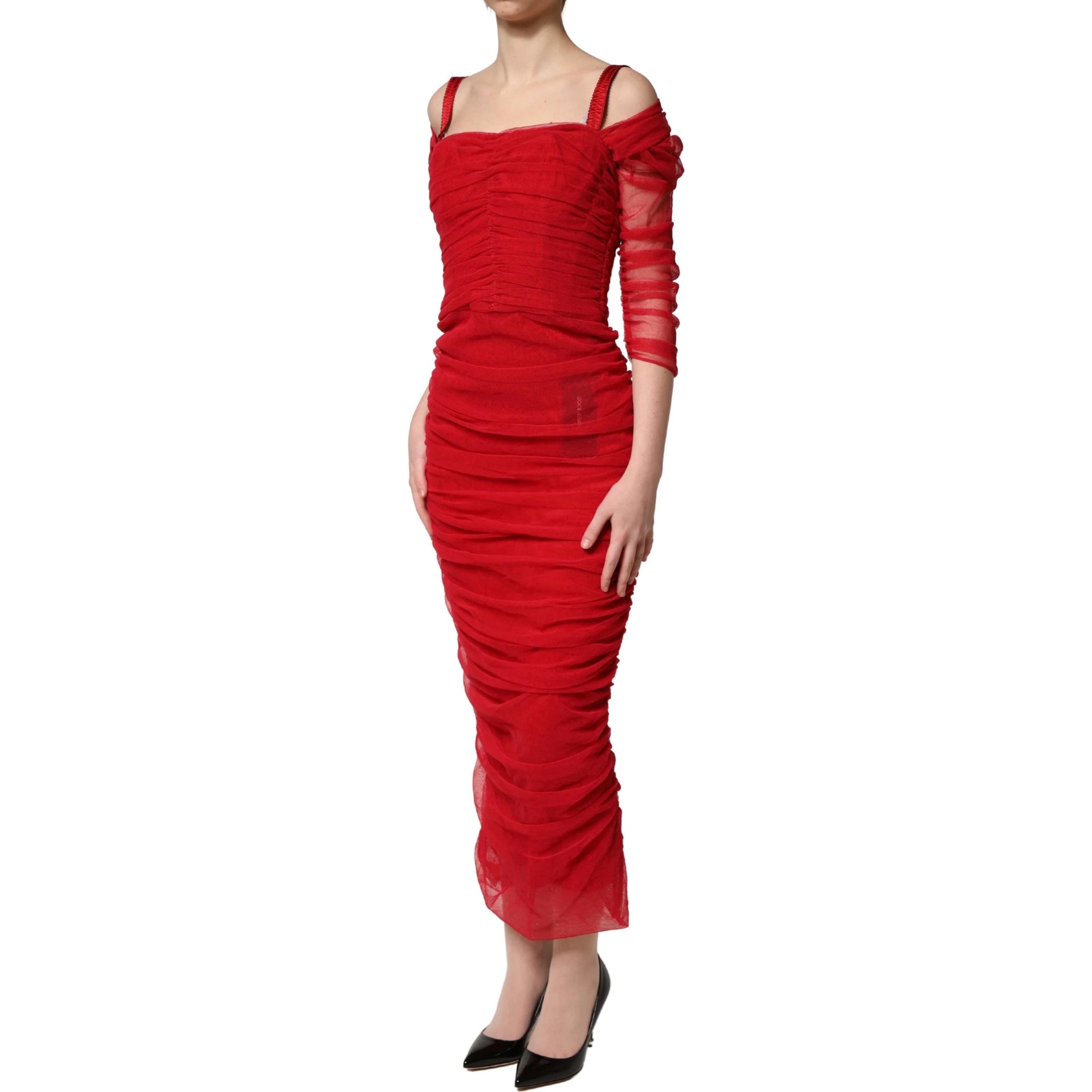 Red Cotton Ruched Stretch Tulle Midi Dress