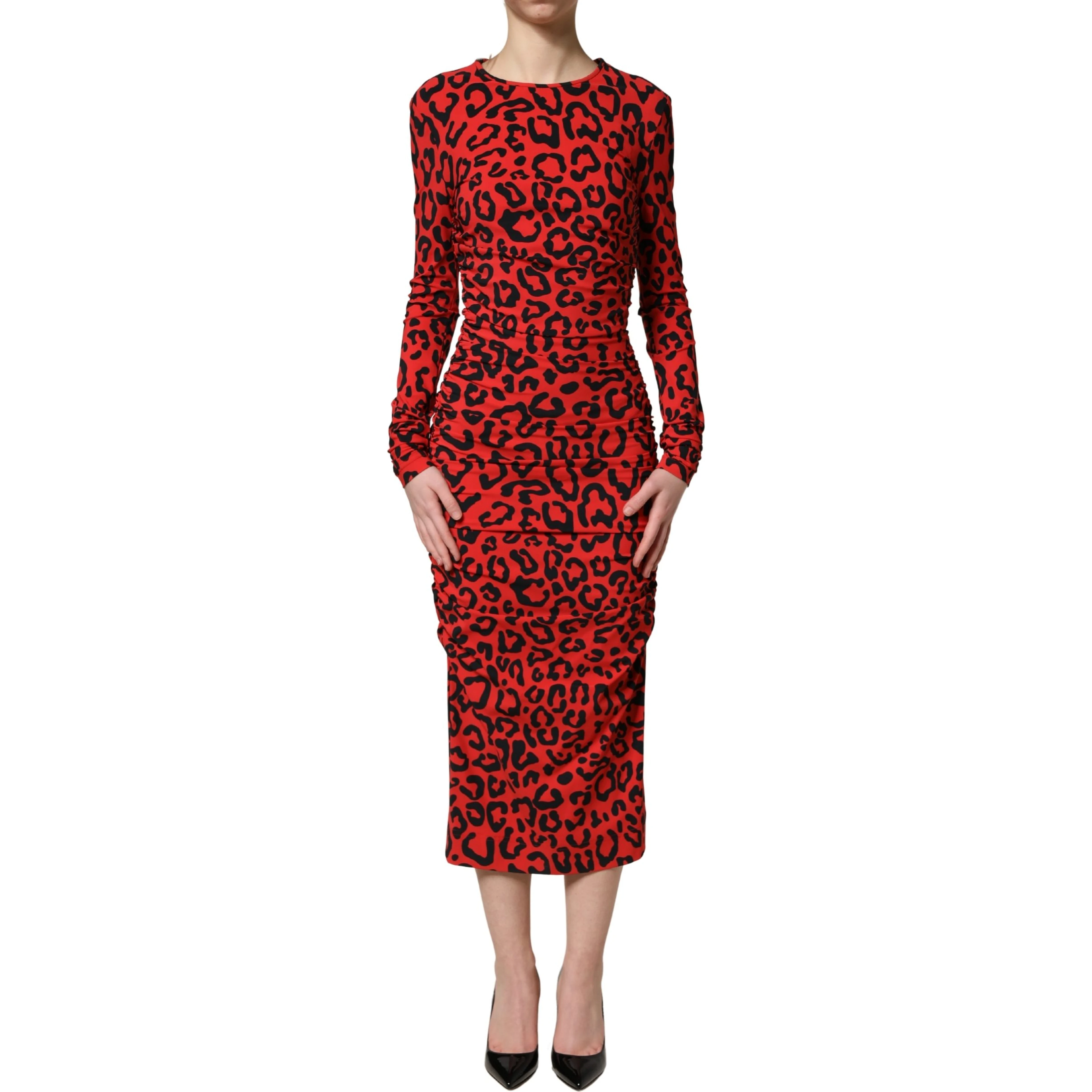 Red Leopard Print Long Sleeves Midi Dress