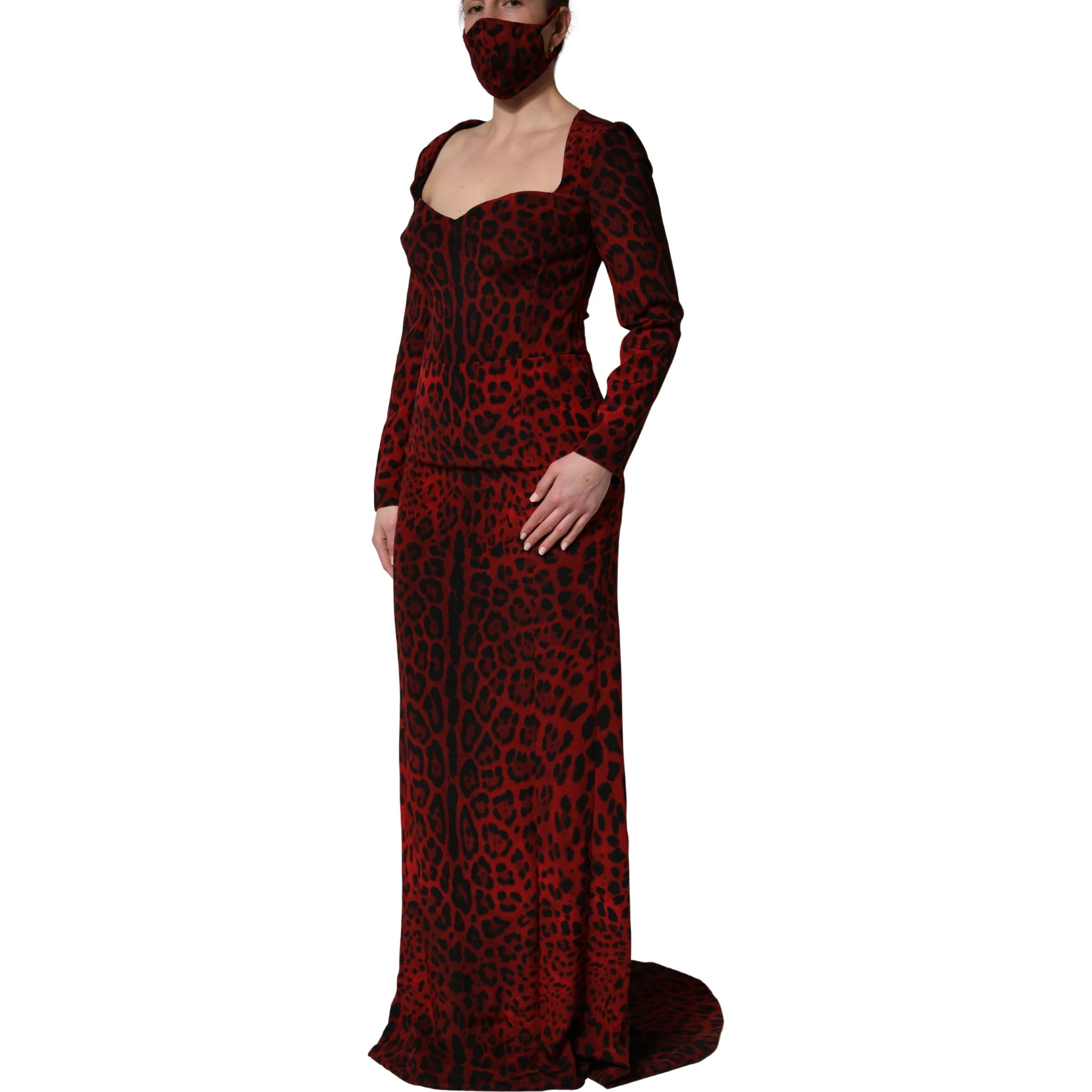 Red Leopard Print Sheath Long Sleeve Dress