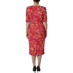 Red Paisley Floral Print Sheath Midi Dress