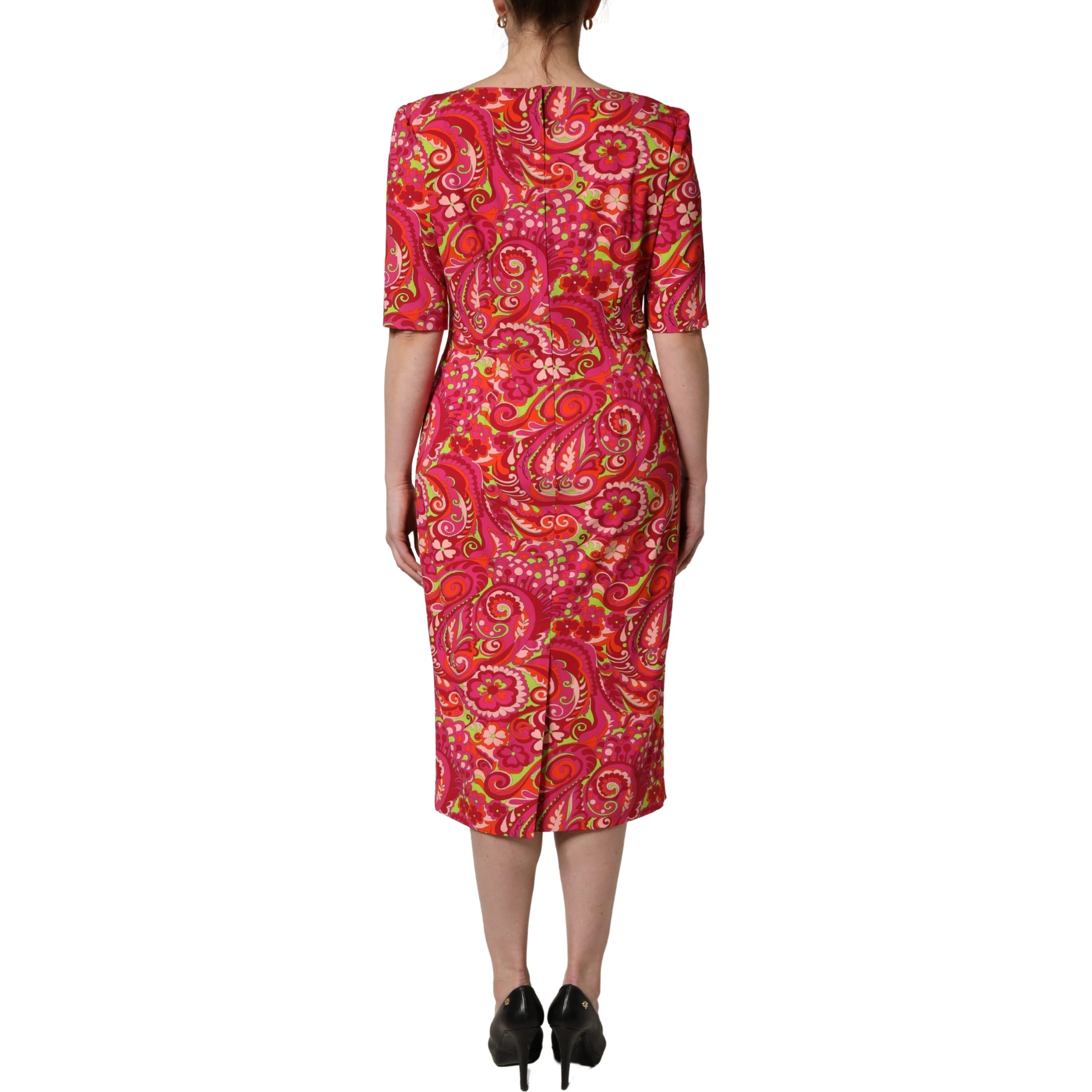 Red Paisley Floral Print Sheath Midi Dress