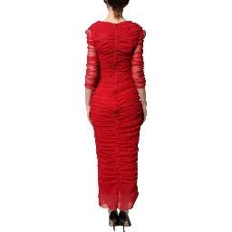 Red Cotton Ruched Stretch Tulle Midi Dress