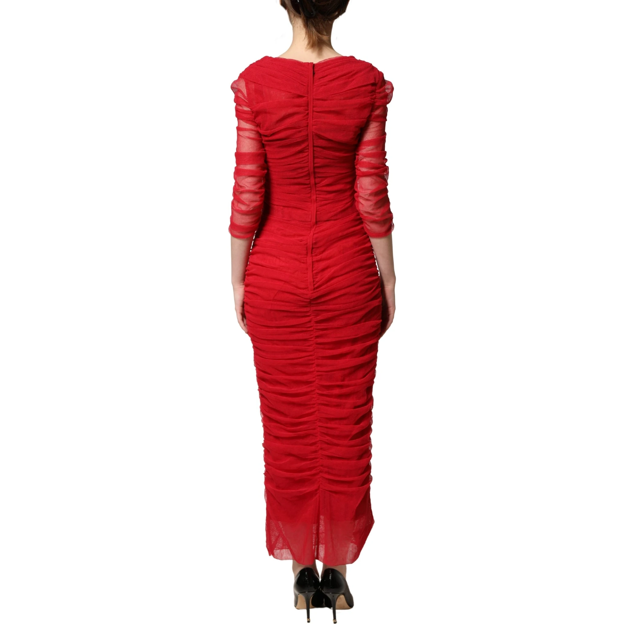 Red Cotton Ruched Stretch Tulle Midi Dress