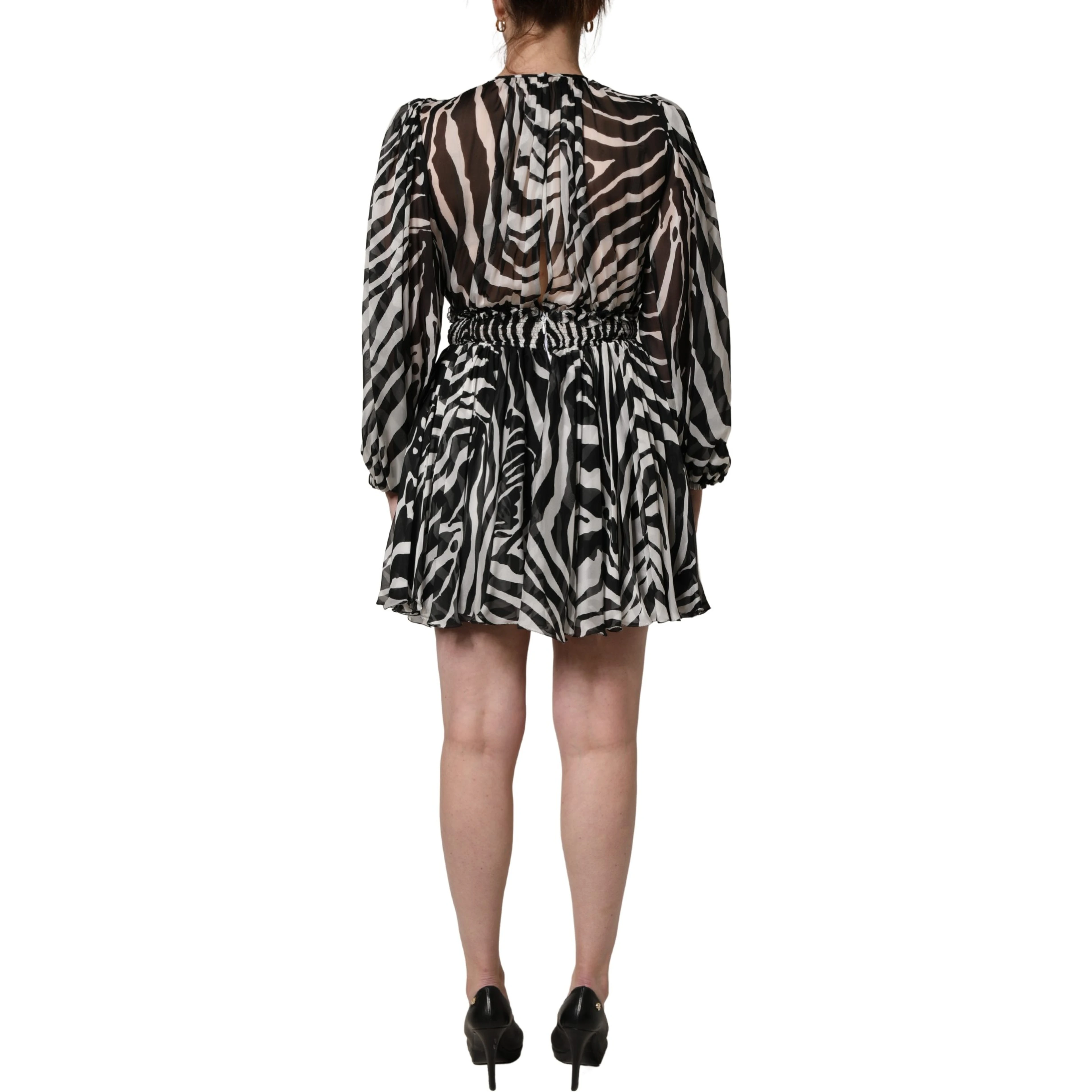 Black White Zebra Puff Sleeves Mini Dress