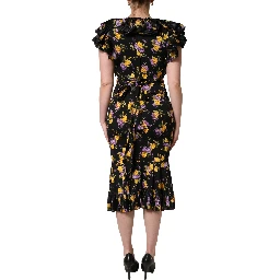 Black Purple Crystal Brooch Silk Midi Dress