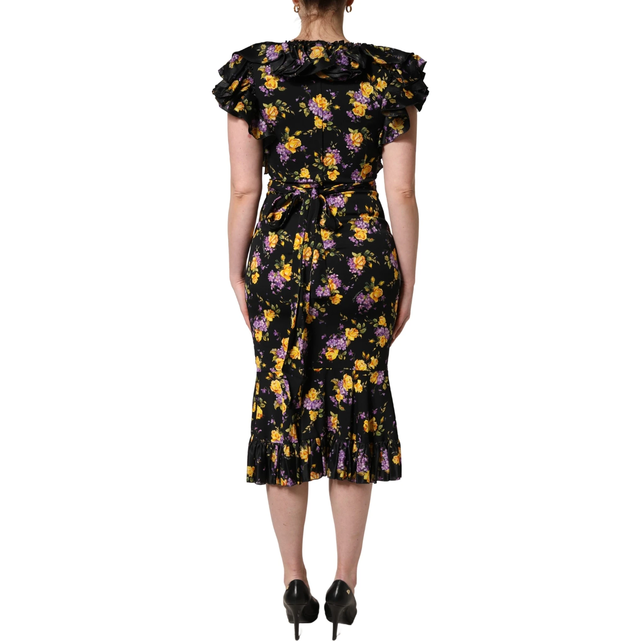 Black Purple Crystal Brooch Silk Midi Dress