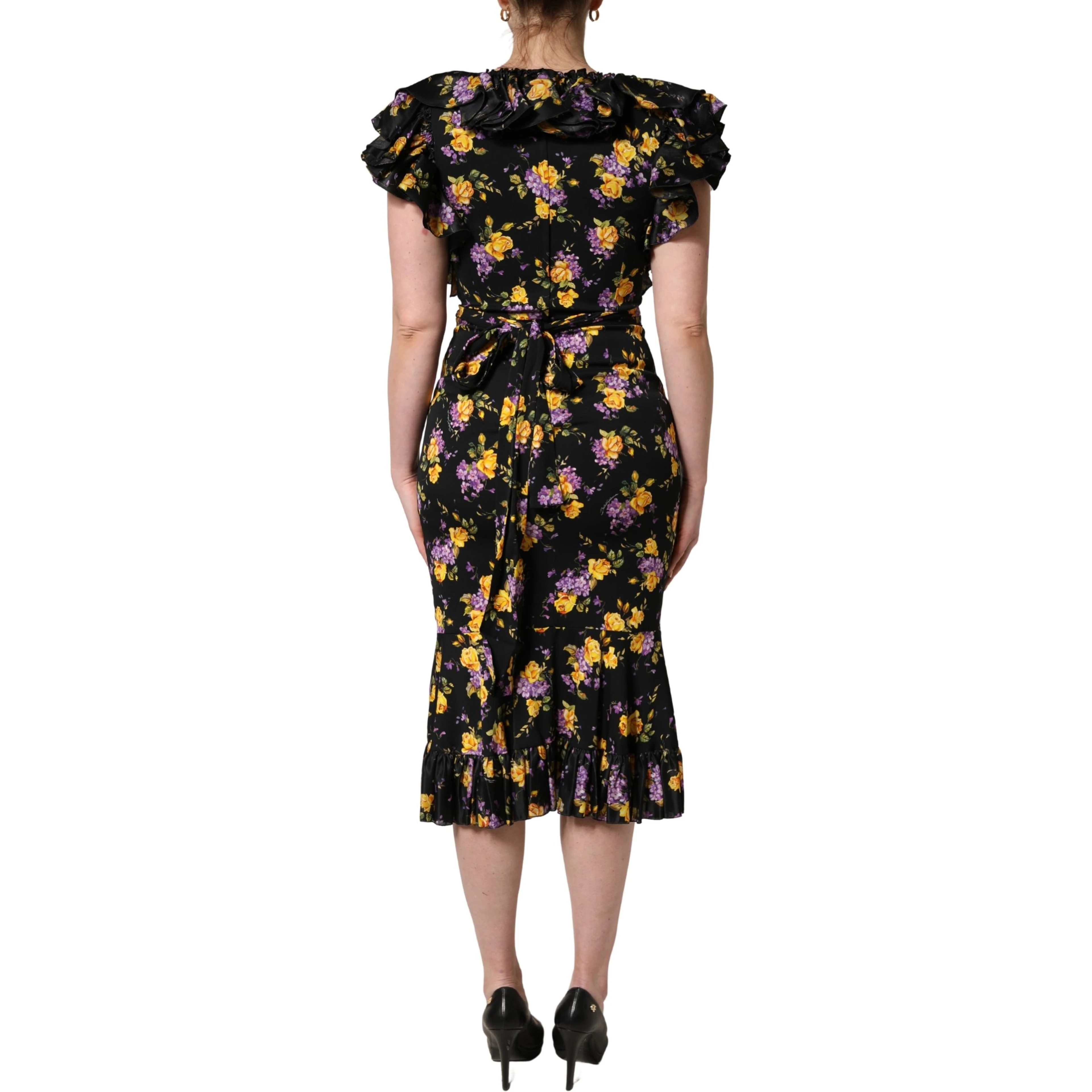 Black Purple Crystal Brooch Silk Midi Dress