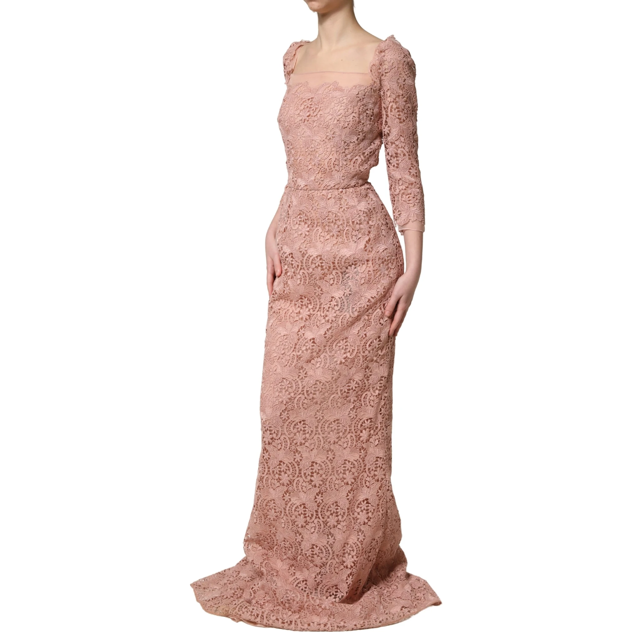 Pink Lace Long-Sleeved Evening Gown Dress