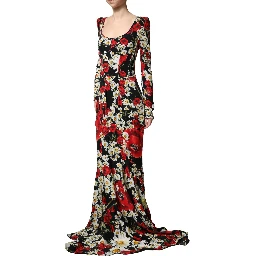 Black Floral Silk Long Sleeves Gown Dress