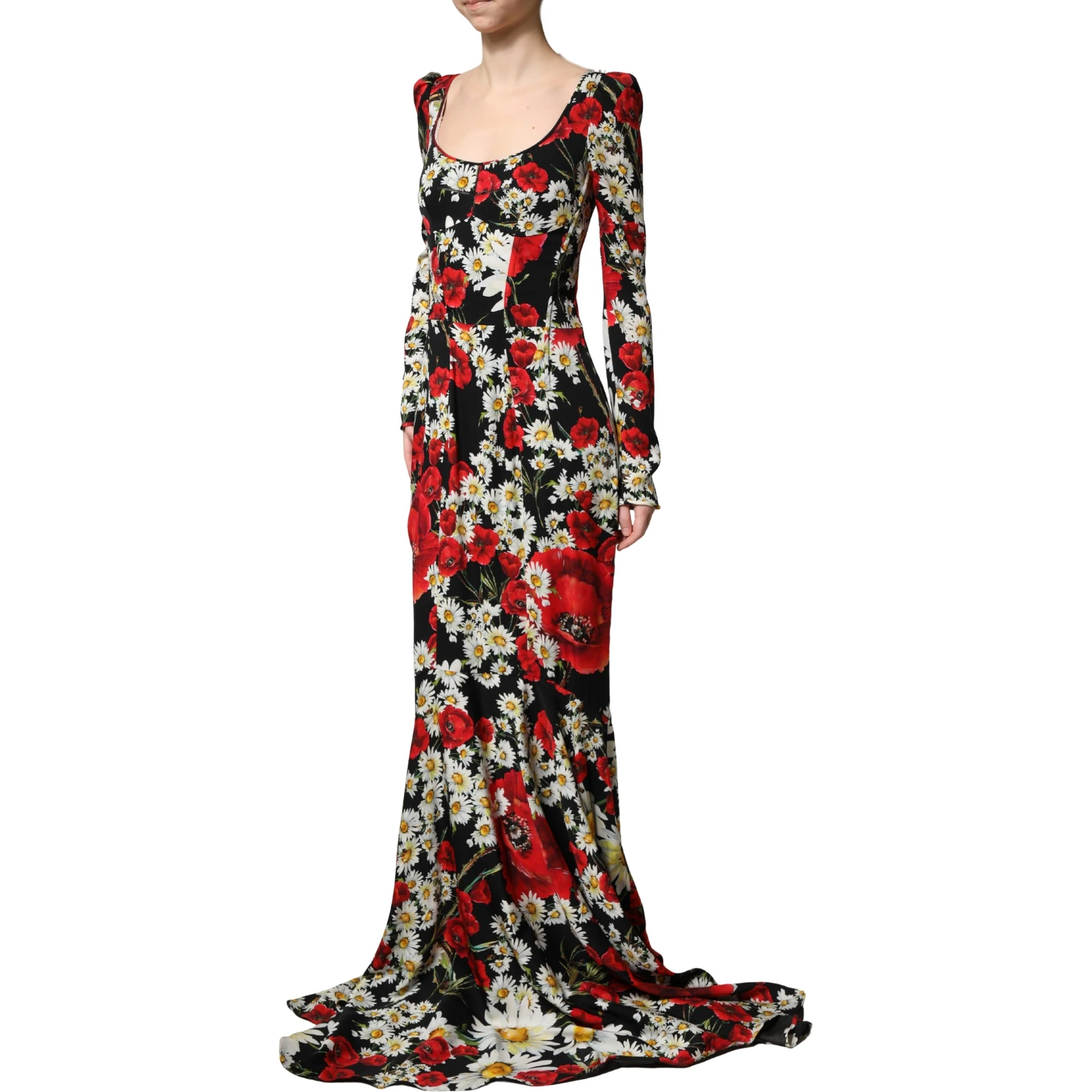 Black Floral Silk Long Sleeves Gown Dress