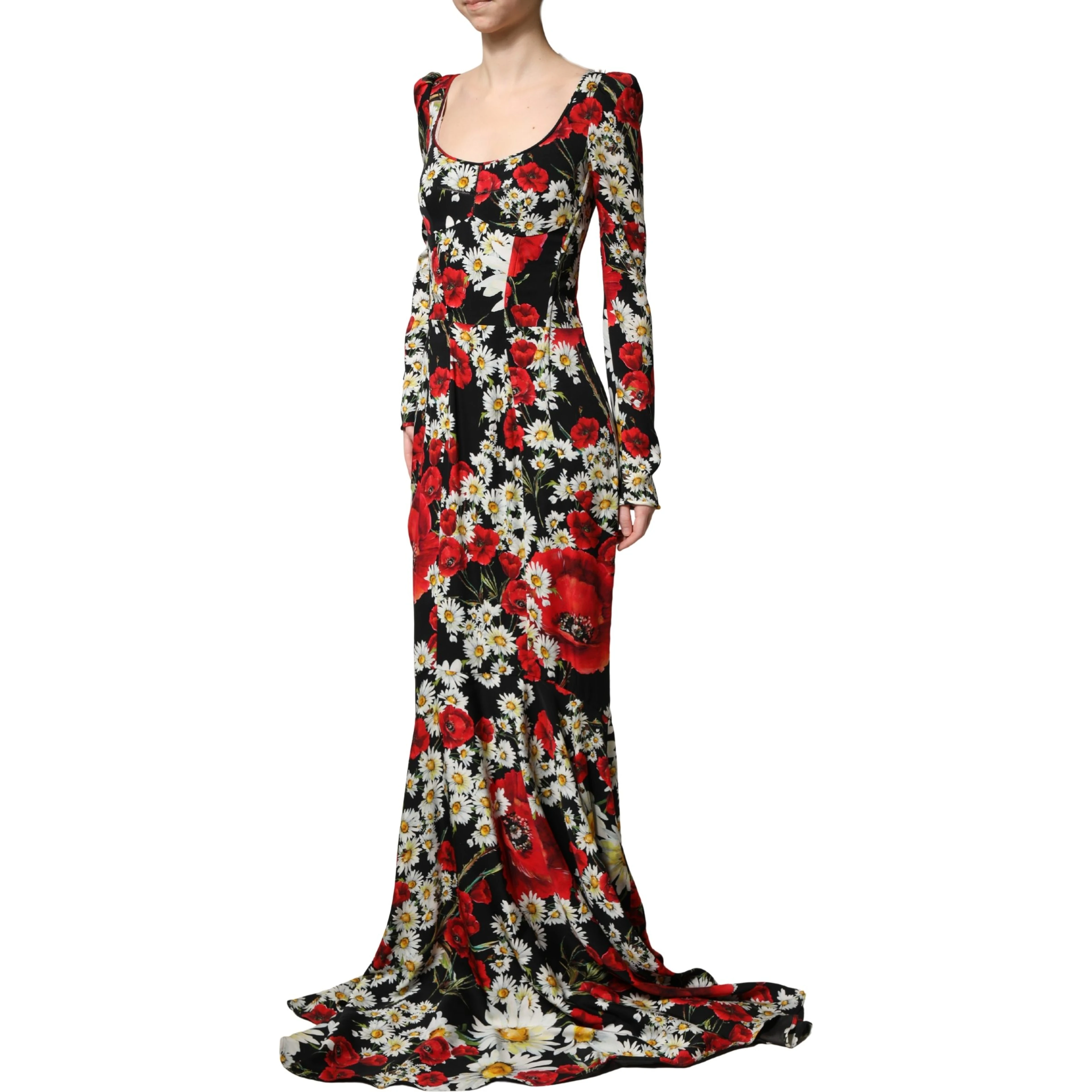 Black Floral Silk Long Sleeves Gown Dress