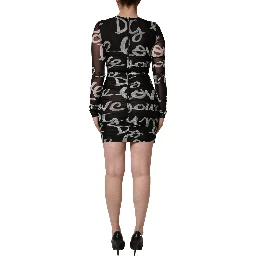 Black White Long Sleeve Printed Mini Dress