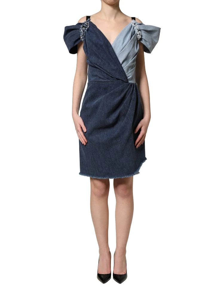 Blue Cotton Patchwork Denim Mini Sheath Dress