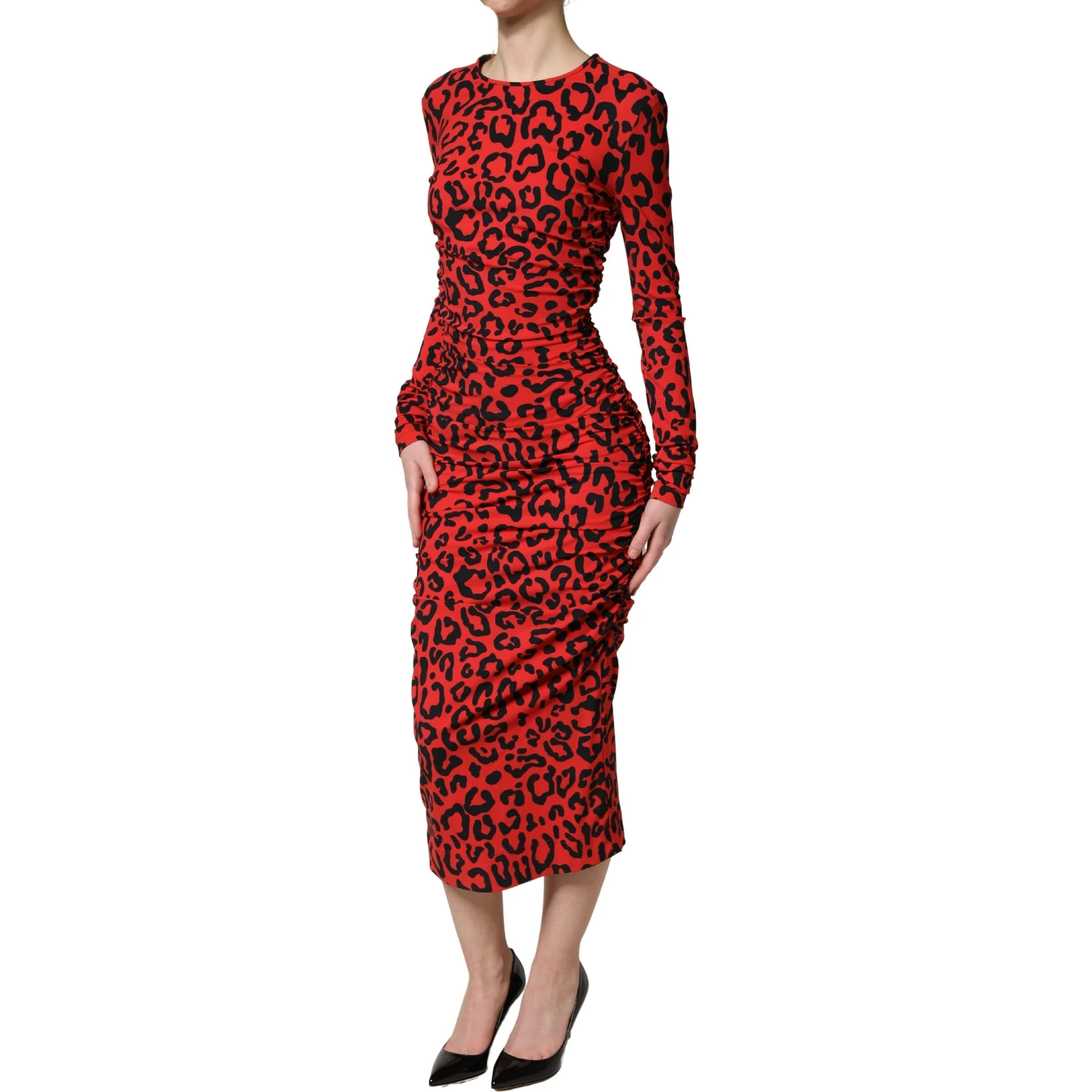 Red Leopard Print Long Sleeves Midi Dress