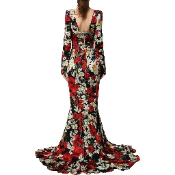 Black Floral Silk Long Sleeves Gown Dress