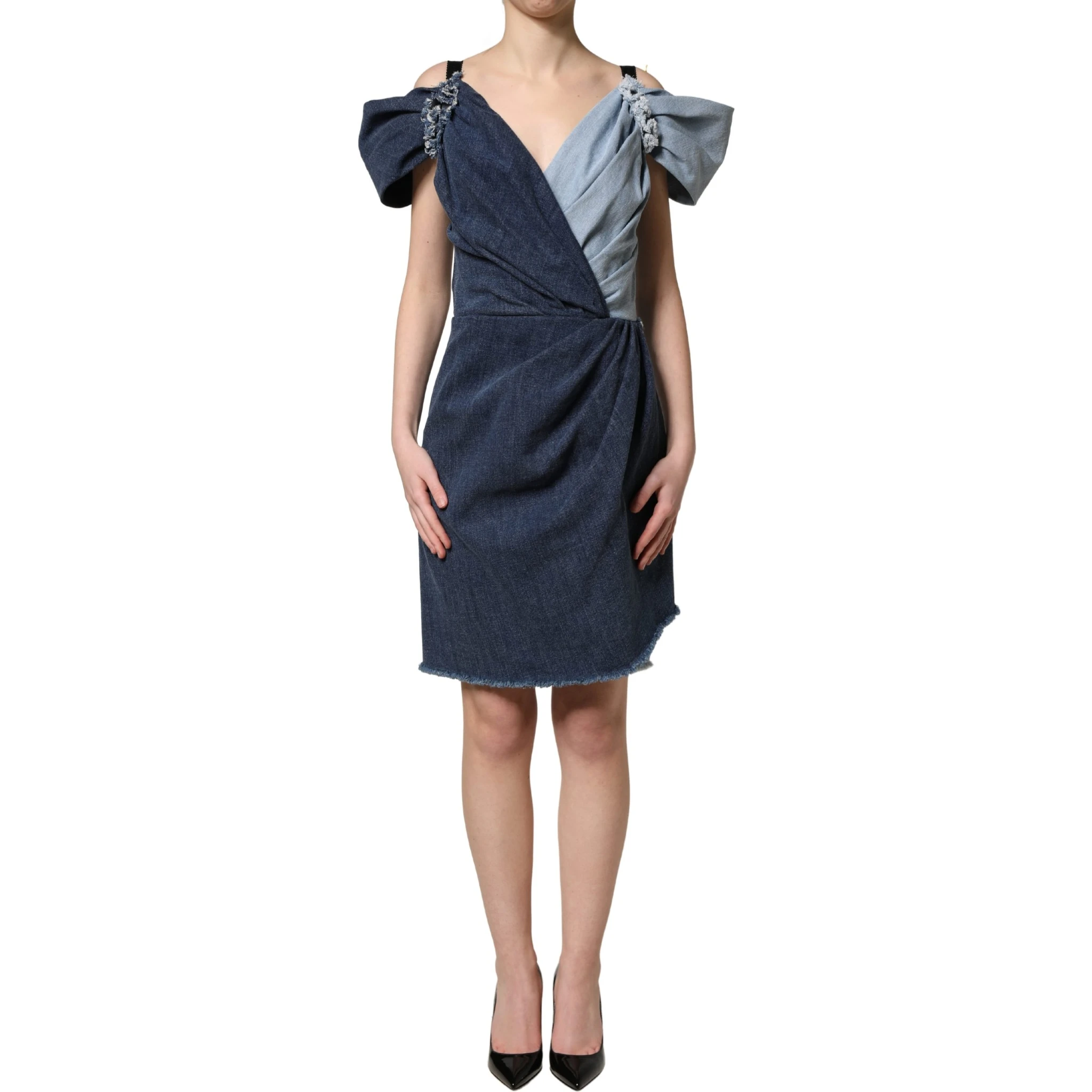 Blue Cotton Patchwork Denim Mini Sheath Dress