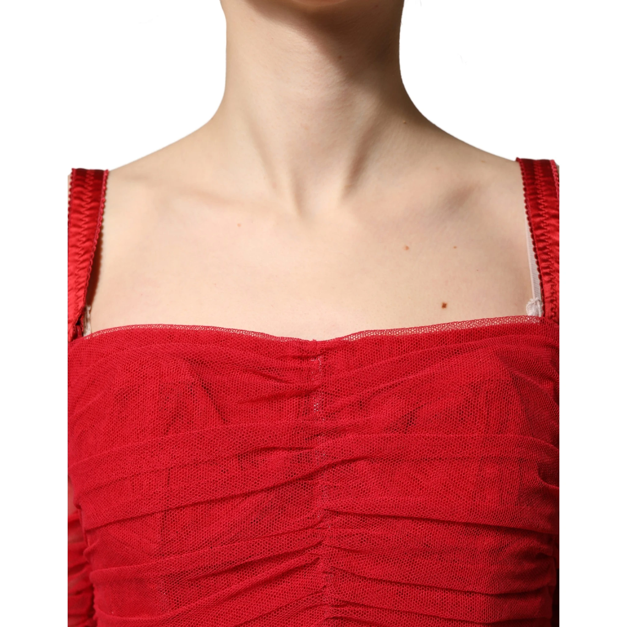 Red Cotton Ruched Stretch Tulle Midi Dress