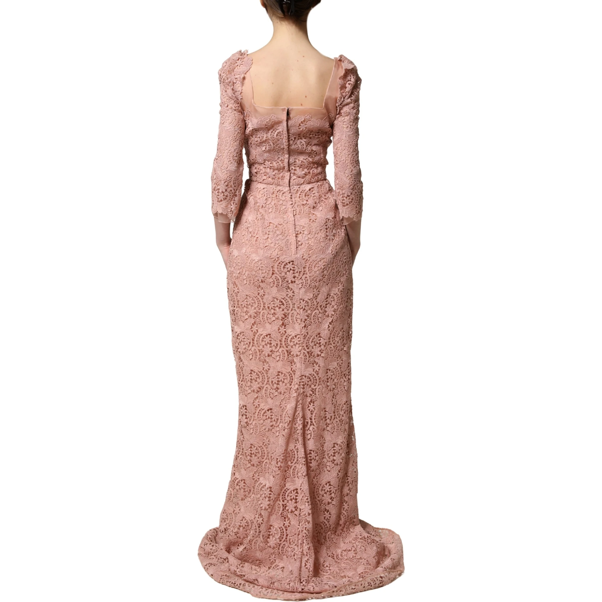 Pink Lace Long-Sleeved Evening Gown Dress