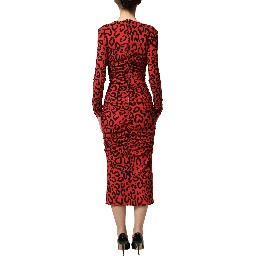 Red Leopard Print Long Sleeves Midi Dress