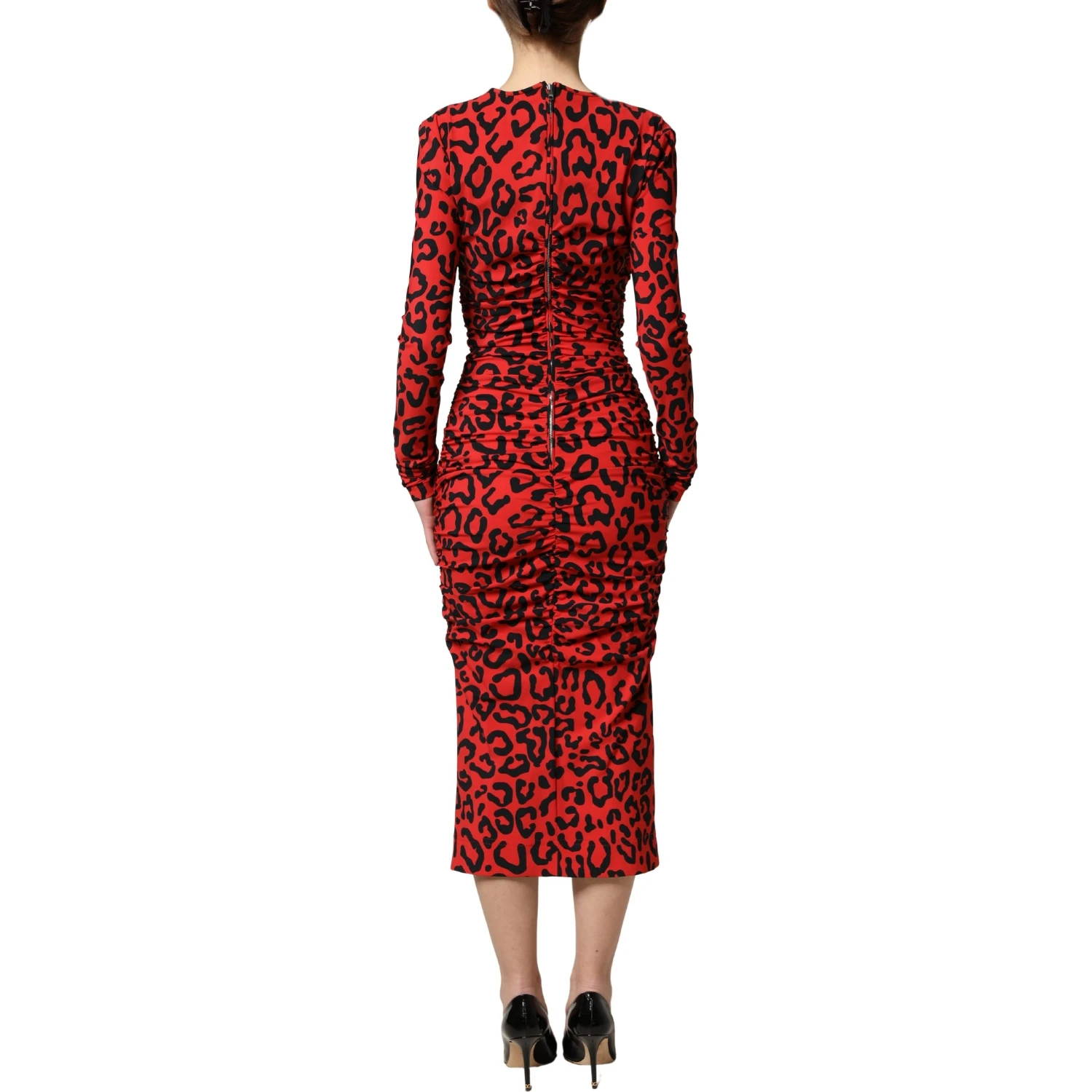 Red Leopard Print Long Sleeves Midi Dress