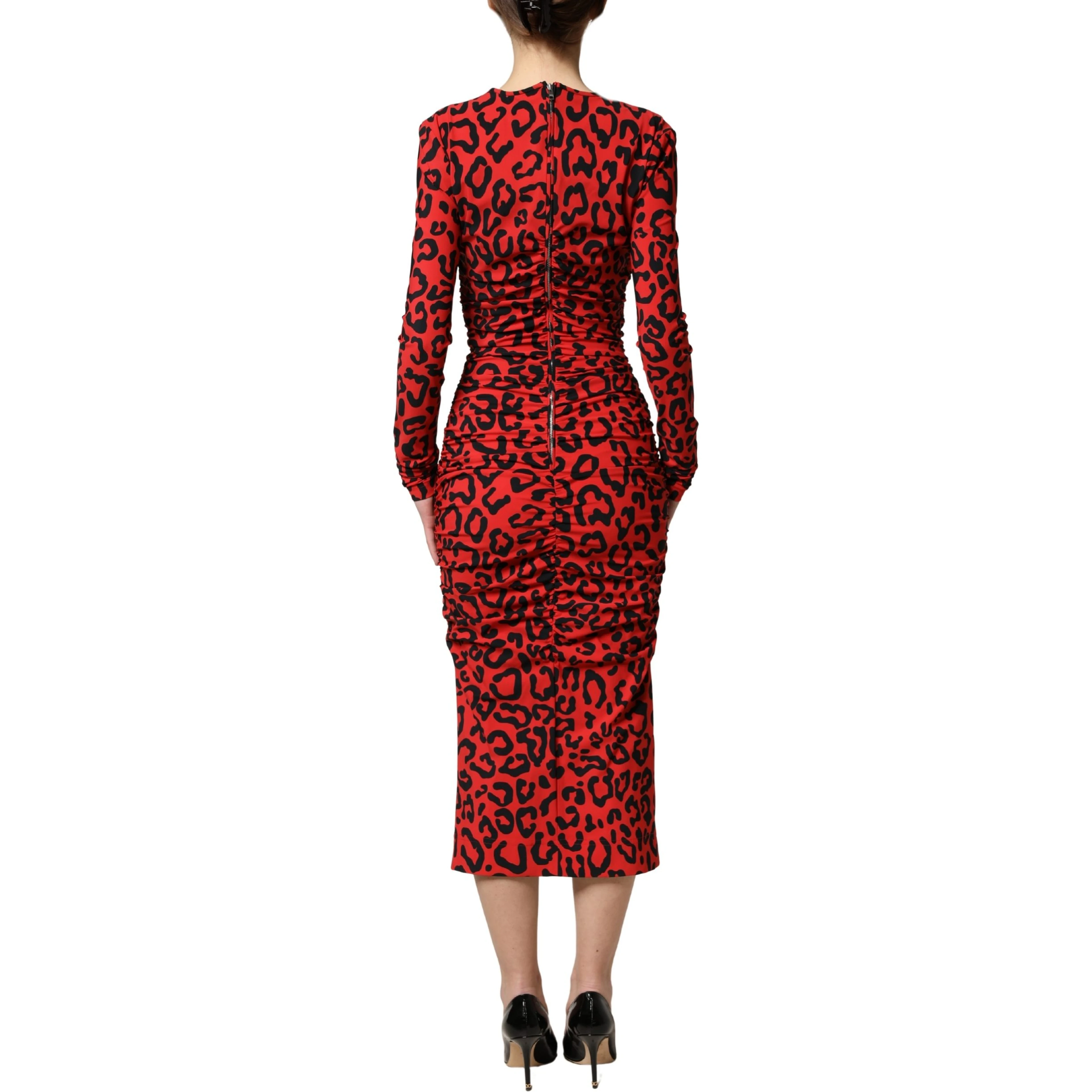 Red Leopard Print Long Sleeves Midi Dress