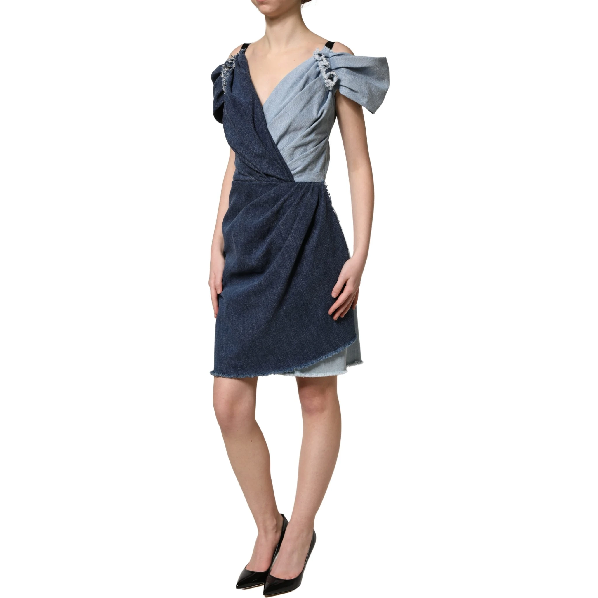 Blue Cotton Patchwork Denim Mini Sheath Dress