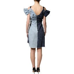 Blue Cotton Patchwork Denim Mini Sheath Dress