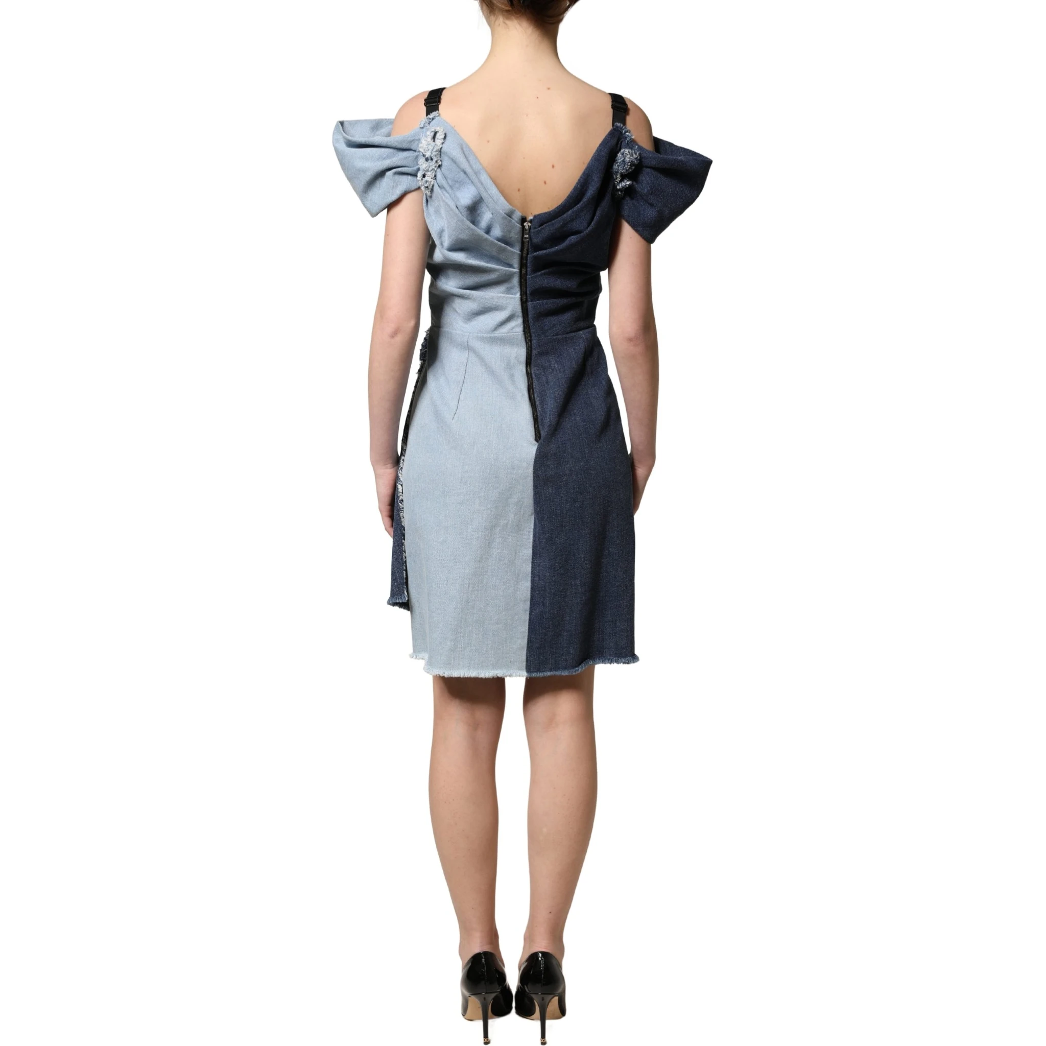 Blue Cotton Patchwork Denim Mini Sheath Dress