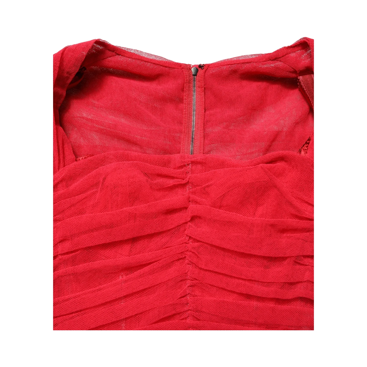 Red Cotton Ruched Stretch Tulle Midi Dress
