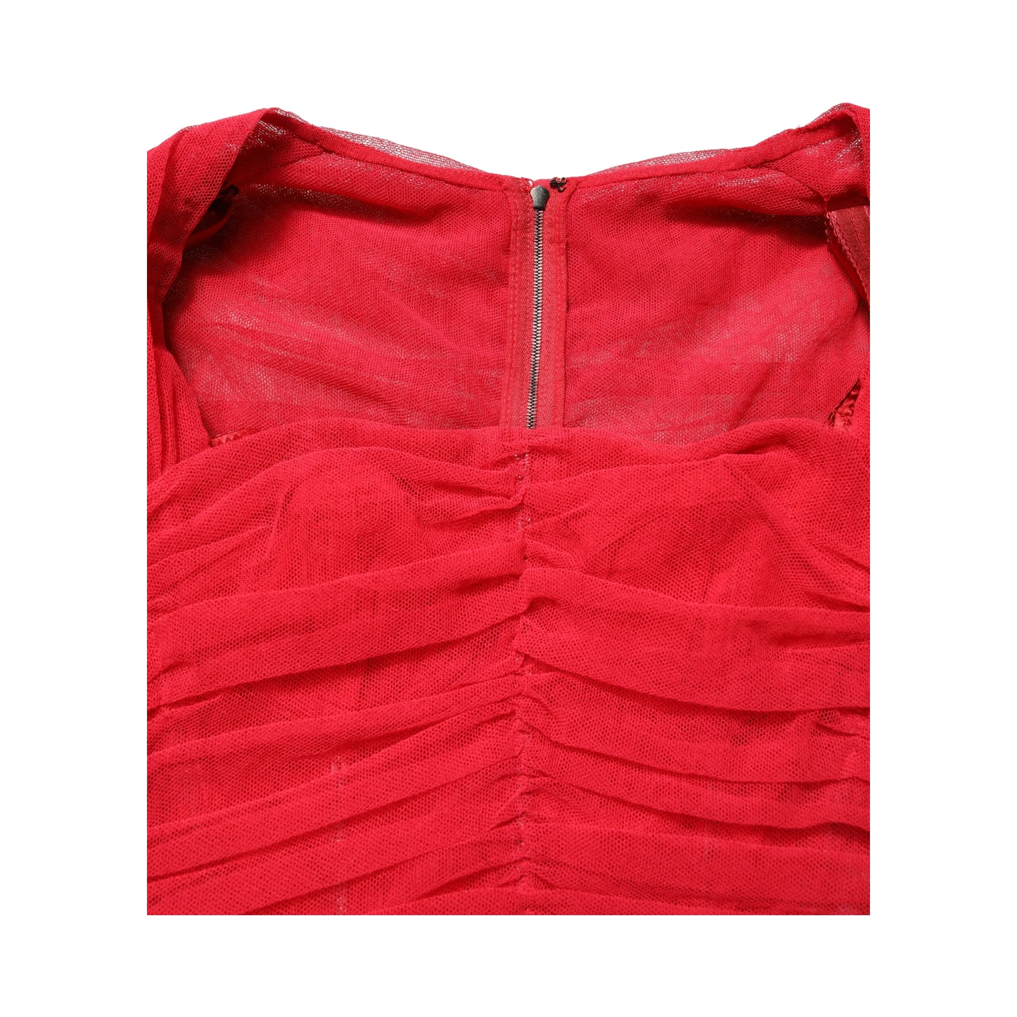 Red Cotton Ruched Stretch Tulle Midi Dress