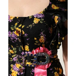 Black Purple Crystal Brooch Silk Midi Dress